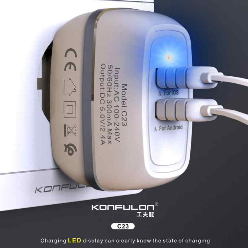 Kucni punjac KONFULON C23+S32A 2xUSB 5V 2.4A sa iPhone lightning kablom belo crni
