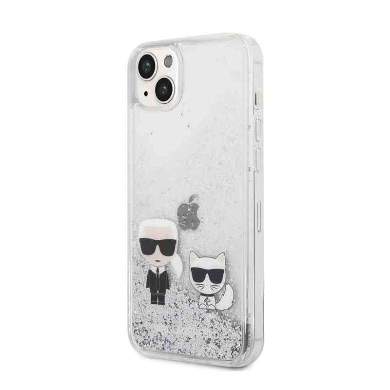 Maska Karl Lagerfeld Hc Liquid Glitter Karl&Choupette za iPhone 14 Plus srebrnaKLHCP14MGKCS